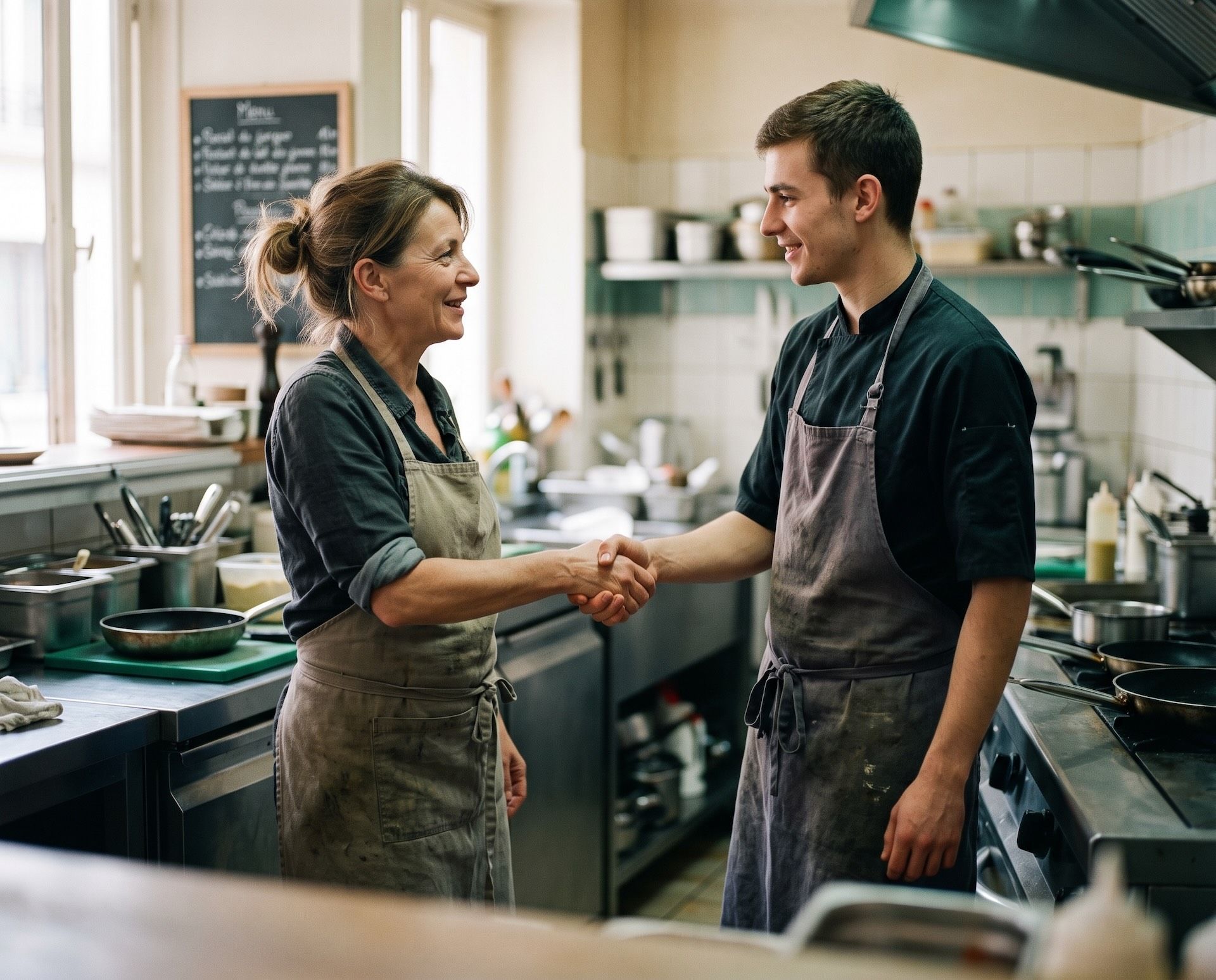 Une restauratrice serre la main d’un jeune cuisinier qu’elle connaît déjà, dans sa cuisine